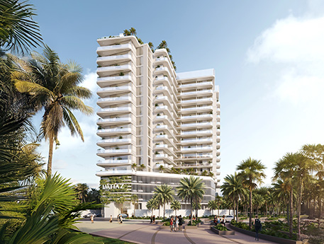 Properties Modern high-rise building surrounded by palm trees, featuring balconies and a bright sky in the background.